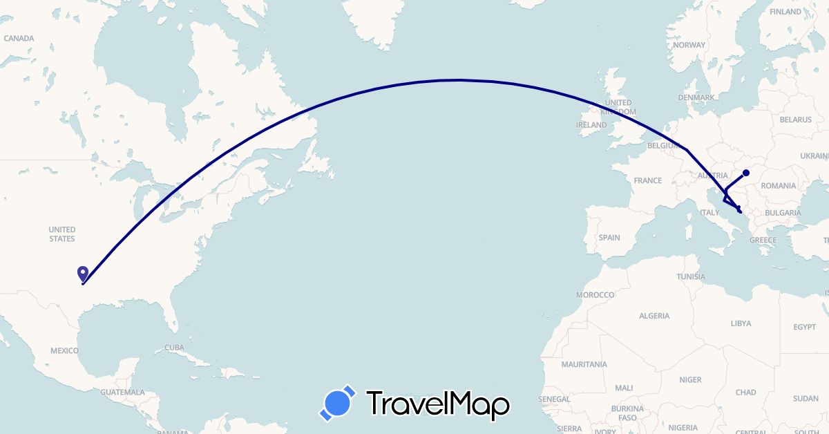 TravelMap itinerary: driving in Bosnia and Herzegovina, Germany, Croatia, Hungary, United States (Europe, North America)