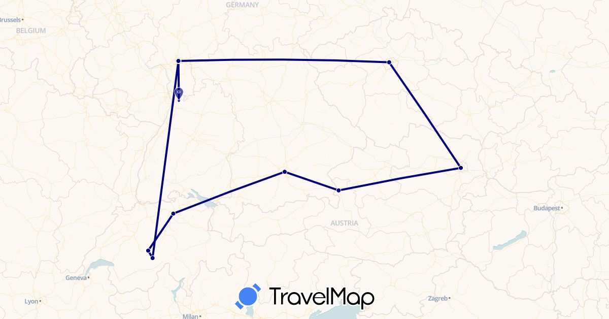 TravelMap itinerary: driving in Austria, Switzerland, Czech Republic, Germany (Europe)