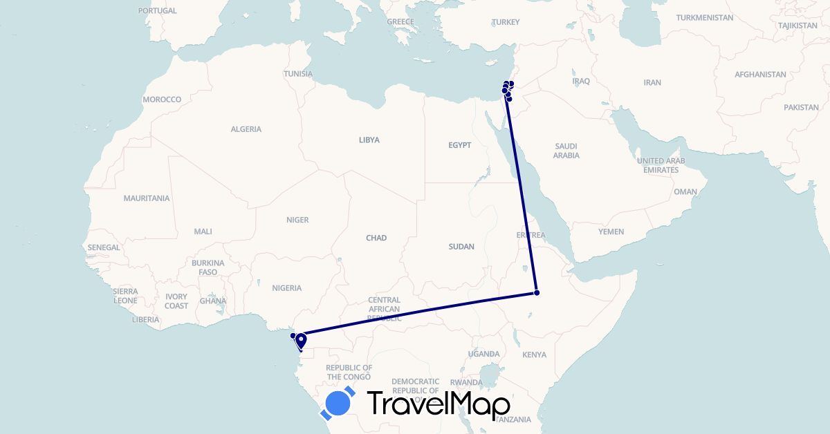 TravelMap itinerary: driving in Ethiopia, Equatorial Guinea, Israel, Jordan, Palestinian Territories (Africa, Asia)