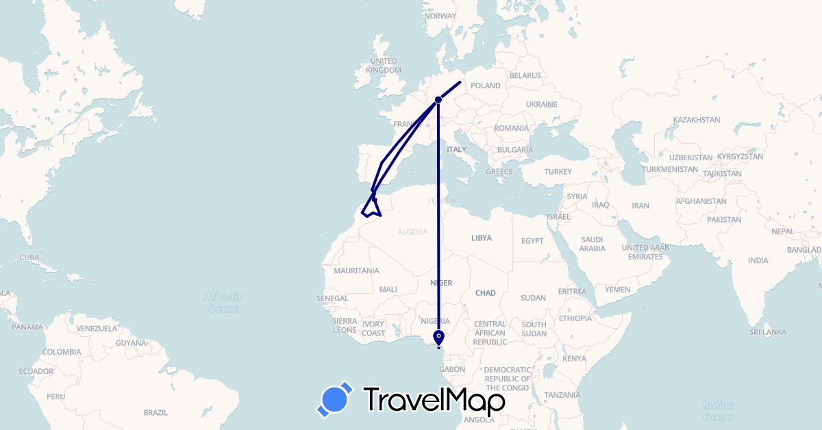 TravelMap itinerary: driving in Germany, Spain, Equatorial Guinea, Morocco (Africa, Europe)