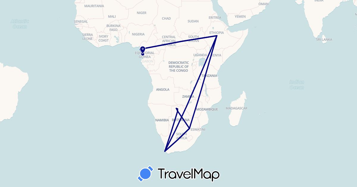TravelMap itinerary: driving in Botswana, Ethiopia, Equatorial Guinea, South Africa (Africa)