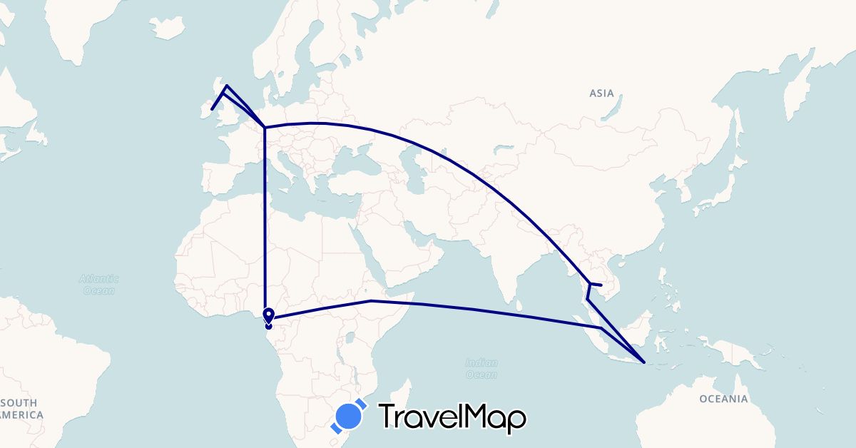 TravelMap itinerary: driving in Germany, Ethiopia, United Kingdom, Equatorial Guinea, Indonesia, Ireland, Cambodia, Singapore, Thailand (Africa, Asia, Europe)