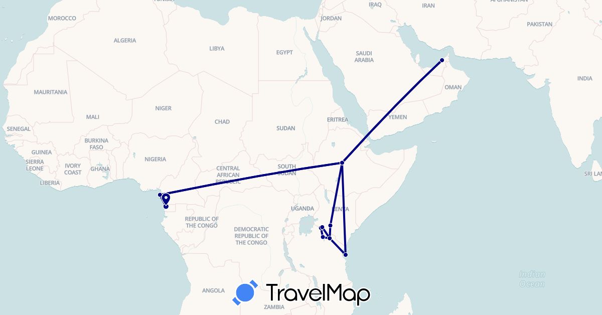 TravelMap itinerary: driving in United Arab Emirates, Ethiopia, Equatorial Guinea, Kenya, Tanzania (Africa, Asia)